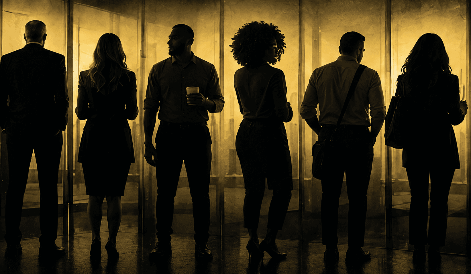 The Six, seen from behind, standing in a row at a wall of lit office glass.